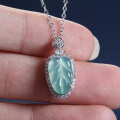 S925 Silver, Gold-Plated, and Diamond Natural Aqua Jadeite Leaf Pendant Necklace-0-0