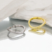 wholesale S925 sterling silver 377 wire drawing wave diamond inlay ring for women, minimalist style, small and unique, ins-style, elegant and sophisticated four-pointed star ring-Platinum [No. 14/Adjustable]>Opening adjustable