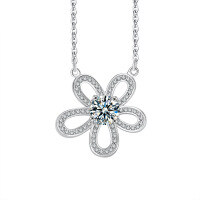 S925 Sterling Silver Moissanite Sunflower Pendant Necklace-Sunflower Necklace (White Gold)  1-Carat Moissanite