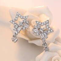 wholesale S925 Sterling Silver Star Full Diamond Tassel Earrings for Women, Five-Point Star Exquisite Zirconia Tassel Long Drop Earrings-Platinum 925 silver