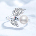 Sterling Silver Moissanite Freshwater Pearl Leaf Open Ring for Women-0-0