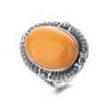 wholesale S925 Sterling Silver Retro Fashion Exaggerated Oval Amber Beeswax Stone Ring with Ornate Luxurious Pattern Index Finger Ring-0-5