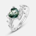 wholesale S925 Sterling Silver European and American Style Fashion Light Luxury Green Moss Ring for Women, Adjustable Aquatic Agate Heart-Shaped Finger Ring, Cross-Border Hot Seller-0-3