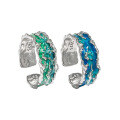 wholesale S925 Sterling Silver 1809 Niche Design Irregular Textured Luxury Blue-Green Drip Glaze Ring for Women-0-4