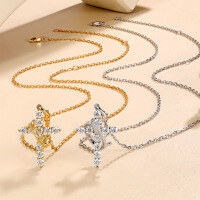 wholesale S925 Sterling Silver Plated in 18K Gold, Cross Pendant Necklace with Crown and Full Moissanite-Gold