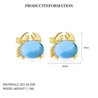 wholesale S925 Sterling Silver Cross-border Ocean Style Opal Cat's Eye Sea Turtle Stud Earrings, Wholesale-E5551_Sea Blue Glass_18K Yellow Plated_Pair_With Small Flower Ear Cap 925 Silver