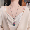 wholesale Silver S990 Retro Resin Enamel Lotus Filigree Pendant with Six-Syllable Mantra on Back for Sweater Chain-0-3