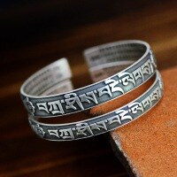wholesale Fine Silver 999 Six-Syllable Mantra Bracelet for Women, Vintage Antique Tibetan Vajra Dharani Scripture Pure Silver Bangle for Men-Large one (1000013) Pure silver