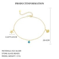 wholesale S925 Sterling Silver Wholesale Amazon Cross-border Hot-sale Starfish Shell Diy Anklet Summer Beach Casual-L1168_Cut Peacock Blue Glass Beads_18K Yellow Plated_20+5CM 925 Silver