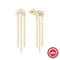 wholesale S925 Sterling Silver Rhinestone-Studded Tassel Chain Earrings, Light Luxury Fashion Earrings-Gold 925 silver
