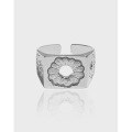 wholesale S925 Sterling Silver 681 Korean Version Ins Small and Unique Design Minimalist Versatile Daisy Wide Band Textured Open Adjustable Ring for Women-0-0