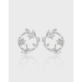 wholesale S925 Sterling Silver Minimalist Original Earrings with Advanced Sense of Light Luxury, Entwined Leaves and Diamond-Encrusted Floral Wreath Design for Women-0-0