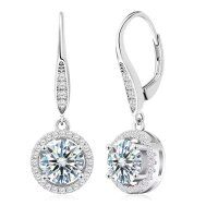 wholesale 925 Sterling Silver French Clasp Earrings European and American Luxury Moissanite Round Bezel Setting Fashion Classic High-End Four-Prong Ear Hooks Cross-Border-1 carat + 1 carat (moissanite) earrings