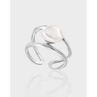 wholesale S925 Sterling Silver 838 Niche Minimalist Baroque Pearl Double-Layer Irregular Hollow-Out Ring for Women-18K Gold [No. 16/Adjustable] Opening adjustable