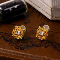 wholesale 925 Silver European Vintage Palace Style Hollow-Out Geometric White Topaz Clip-On Earrings for Non-Pierced Ears, Hypoallergenic-Vintage Hollow Topaz Earrings 925 Silver