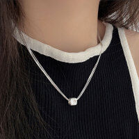 wholesale S925 Sterling Silver Square Bead Multi-layer Snake Chain Necklace for Women, Spring and Summer Versatile High-End Korean Style Pendant Necklace-Pure silver (40+5CM)