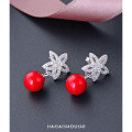 wholesale Sterling Silver S925 Red Shell Pearl and Zircon Earrings for Women, Creative and Unique Ear Studs, Korean-style Sweet Ear Accessories-0-2