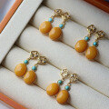 wholesale S925 silver inlaid natural Russian raw amber antique turquoise earrings, vintage-style amber earrings-0-2