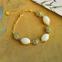 wholesale Pure silver gilt gold-plated cold enamel and Hetian jade court retro style cheongsam Hanfu bracelet with Ruyi pattern-Gold 925 silver