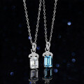 Sterling Silver Natural Blue Topaz Moissanite Necklace Pendant, 1 Carat, Geometric Emerald Cut-0-4