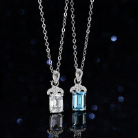 Sterling Silver Natural Blue Topaz Moissanite Necklace Pendant, 1 Carat, Geometric Emerald Cut-Inlaid with natural blue topaz  925 silver