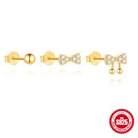 wholesale S925 Sterling Silver minimalist round ball bow knot crystal earrings set, Korean style small batch design-3-piece set - gold 925 silver