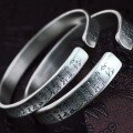 wholesale 999 Silver Ancient Style Prajna Heart Open-Ended Bracelet, Pure Silver Retro Buddha Character Men's Bracelet Accessory-0-3