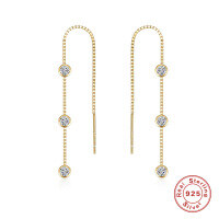 wholesale S925 Sterling Silver Box Chain Tassel Triple Inlaid Diamond Ear Wire Earrings, Korean Style Elegant Personality Outfit Earrings for Women-Gold 925 silver