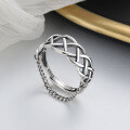 wholesale S925 Sterling Silver Retro Hollow-Out Woven Wrap Chain Fringe Ring, Edgy Euro-American Punk Style Hand Accessory-0-0