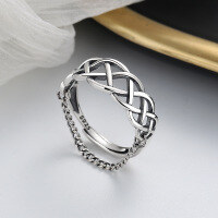 wholesale S925 Sterling Silver Retro Hollow-Out Woven Wrap Chain Fringe Ring, Edgy Euro-American Punk Style Hand Accessory-330FJ/approx. 2.8g Opening adjustable