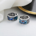wholesale S925 Sterling Silver Retro Matte Ethnic Style Colorful Resin Hollow-Out Lotus Koi Fish Heart Sutra Adjustable Ring-0-0