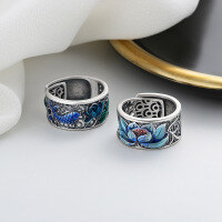 wholesale S925 Sterling Silver Retro Matte Ethnic Style Colorful Resin Hollow-Out Lotus Koi Fish Heart Sutra Adjustable Ring-683JM/Koi fish approx. 7.2g Adjustable opening