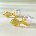 wholesale Gold Metal French Vintage Pearl Earrings 12mm Gold Leaf Elegant Fashion Statement Best-Seller-0-2