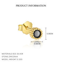 wholesale 925 Sterling Silver Round Black Zircon Earrings Women's。-E4407-Gold/Single 925 Silver