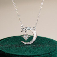 Sterling Silver Simple Moissanite Star and Moon Pendant Necklace for Women-Set with 0.3CT high carbon diamonds  925 silver