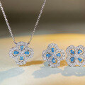 wholesale S925 Sterling Silver Four-Leaf Clover Full Diamond Earrings Women's Blue Aquamarine Blue Diamond HW Earrings-0-1