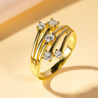 Zircon Geometric Design Three-Row Ring for Women, Light Luxury, Versatile Commuting Style-Fireworks Diamond Ring [K Yellow]  US Size