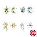 wholesale 925 Sterling Silver New Asymmetrical Octagram Moon Flower Diamond Inlaid Earrings, Summer Hot Sellers-0-8