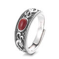 wholesale S925 Sterling Silver Retro Antique Craft with Pattern Accents and Southern Red Agate Ring, Personalized National Style Ring-0-4