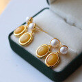 wholesale S925 sterling silver wholesale natural aged amber earrings with pearl drop, pure silver ear studs, high-end amber ear jewelry-0-3