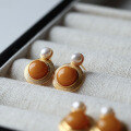 wholesale S925 Silver Vintage Natural Beeswax Pearl Earrings, Mustard Yellow, Simple Retro Style Wholesale-0-1