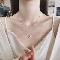 wholesale S925 Sterling Silver Korean-style 3D Heartbeat Double Layer Chain Design Internet-famous Sweet Collarbone Necklace-604LH/approx. 6.1g>925 silver