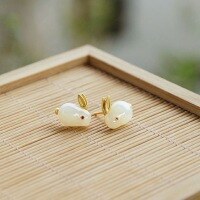 wholesale [gold-plated] S925 Sterling Silver Hetian Jade Rabbit Earrings, Palace Style Small Animal Gemstone Minimalist Elegant Earrings-Hetian Jade Rabbit--Golden 925 Silver