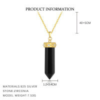 wholesale Sterling Silver S925 Tarot Necklace With Vintage Crystal Pendant, Black Zircon Ring And Earrings Set For Women-YA0469_Obsidian Crystal Column/White Zirconium_18K Yellow Plated 925 Silver