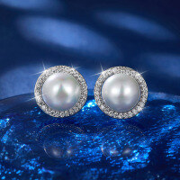 wholesale S925 Sterling Silver Bead Pearl Mantou Stud Earrings with Zirconia, Women's Minimalist Circular Design, New Release Bestseller-Platinum 925 silver