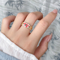 wholesale 999 Silver Sweet and Auspicious Chinese Style Ring with Gold-Plated Enamel Pink Baoxiang Flower Design R02811-999 Pure Silver Ring Adjustable opening