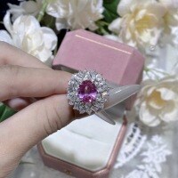 S925 Silver Gold-Plated Pink Sapphire 8*10mm Full Diamond Halo Ring-3-carat pink sapphire ring  US size 8