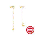 wholesale S925 Sterling Silver Simple Diamond-Inlaid Chain Tassel Star and Moon Ear Studs-0-0