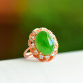 wholesale 925 Sterling Silver Rose Gold Plated Large Egg-Shaped Jadeite Women's Ring with Certificate, Set with Natural Green Jade, Open Adjustable Index Finger Ring-0-0