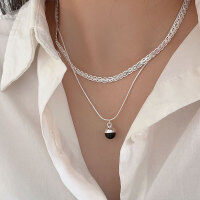 wholesale S925 sterling silver black agate round bead snake bone necklace for women, Japanese and Korean new luxury high-end collarbone chain-Pure silver (45+5CM)